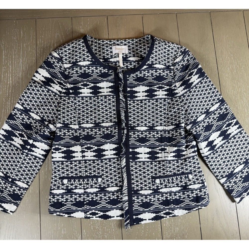 Aztec Womens Blazer Sz 8 Navy Blue White Structure Career Coastal Textured